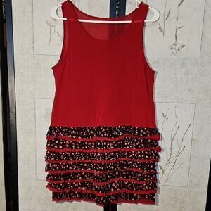 Vibrant Red Ruffle Dress with Floral Accents